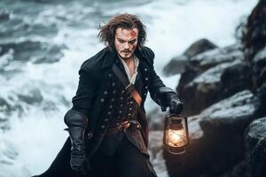 A pirate with wild hair walks along a rocky shore holding a lantern as waves crash around him photo