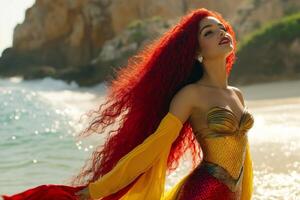 A young mermaid with red hair joyfully plays among waves at a sandy beach with coastal rocks in the background photo
