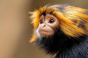 Adorable fluffy monkey with vibrant fur looking curiously in a natural setting during daylight photo