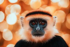 Adorable golden-furred monkey gazes into the camera against a soft blurred background in gentle daylight photo