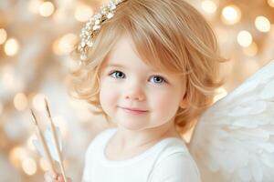 A cheerful young cupid smiles while holding a bow and arrow in a floral background photo