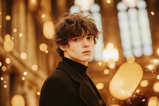 mago realiza un cautivador truco con espumoso varita mágica en un tenuemente iluminado elegante etapa a noche foto