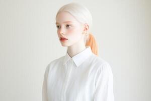 Serene woman with albinism in a minimalist room with soft lighting and a calm expression photo