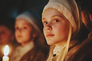 Ancient family gathering in a rustic home with candlelight creating a nostalgic atmosphere among generations photo