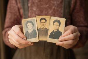 Hands holding vintage photographs showcasing cherished memories with a rustic background in soft natural light photo