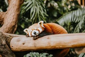 Adorable red panda resting peacefully on a wooden surface under warm daylight in a natural setting photo
