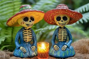 Traditional Day of the Dead figures in vibrant costumes illuminated by candlelight in a mystical forest setting photo