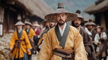 A young character is guided by ancestors through a historical village of thatched roofs and cobblestone paths photo