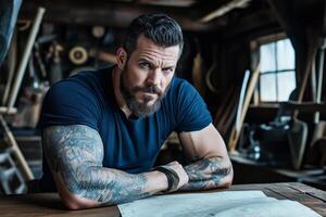 A tattooed pirate rolls up a treasure map on a rustic wooden table in a dimly lit nautical cabin photo