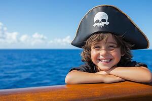 Young pirate in feathered hat smiles mischievously while leaning over ships railing, gazing at the sea photo