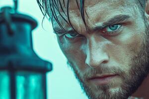 Dark-eyed pirate holds a lantern on a misty deserted island under the moonlight, captured in a striking close-up photo
