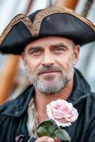 Male pirate seated on a ships deck holding a delicate rose with a calm expression in a josei style close-up photo