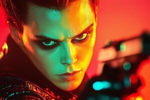 A space pirate with a laser pistol gazes intensely into the void, illuminated by vibrant neon colors photo