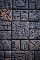 Ancient patterns carved into stone showcasing ancestral wisdom with textured surfaces and muted colors photo
