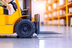 Minimalist view of a forklift in operation at a warehouse during daylight showcasing its hydraulic forks and tires photo