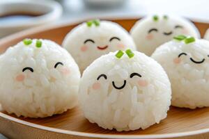 Cute rice balls with cheerful faces on a minimalist plate in a Japanese style setting photo