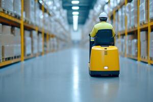 Worker in helmet operates forklift in spacious warehouse with high shelves full of boxes photo