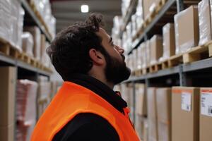 Man in an orange vest inspecting storage components in a facility with dramatic side lighting effects photo