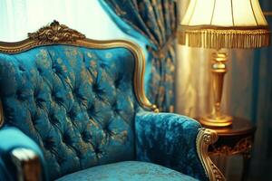 Cozy vintage living room with plush velvet furniture and soft lighting creating an inviting atmosphere photo