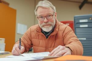 Man reviewing documents in an industrial workspace while leaning over a table during daytime photo