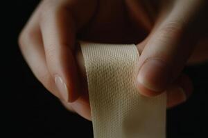 Caring hands wrapping an elastic bandage around a swollen ankle for support and healing at home photo
