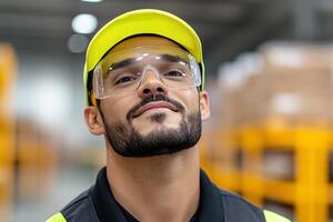 A man in uniform and safety goggles inspecting machinery parts in a warehouse setting during daylight hours photo