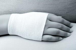 Close-up of a hand wrapped in an elastic bandage resting on a soft surface, symbolizing care and healing photo