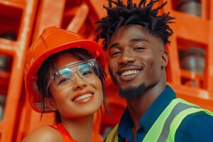 Smiling professionals in hard hats and reflective vests at a factory with automated machinery in a modern setting photo