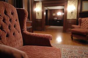 Cozy vintage living room with plush velvet furniture and warm lighting for a relaxing atmosphere photo