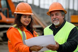 Two construction workers reviewing plans at a building site during the day photo