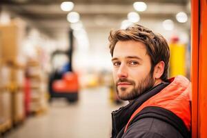 Focused man in a busy warehouse stands beside a forklift with a determined expression photo