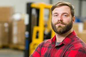 Focused man in a checkered shirt stands before a forklift in a busy warehouse environment photo