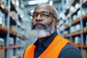 Man in orange vest inspects a component in a storage facility with shelves and boxes under dramatic side lighting photo