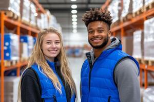 Two young friends posing with smiles in a warehouse during a bright day, showcasing their teamwork and camaraderie photo