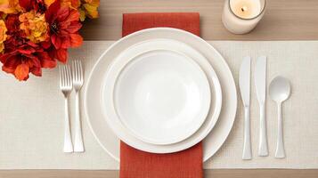 Cozy autumn table setting featuring warm tones and inviting decor for a seasonal gathering photo