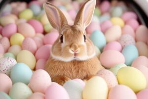 Chic Easter bunny resting amidst pastel-colored eggs in soft studio light with ample copy space photo