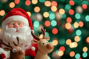 Santa Claus joyfully riding a sleigh pulled by reindeer amid festive bokeh lights on a magical Christmas night photo