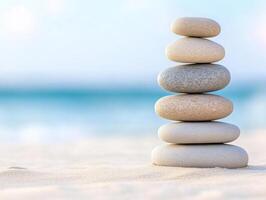 Stacked zen stones on a sandy beach with calm waves creating a tranquil atmosphere of harmony and balance photo