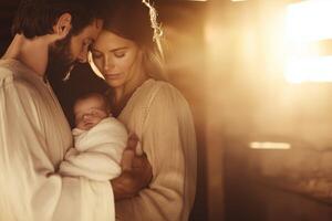 A serene family moment in a rustic barn with gentle light surrounding a newborn photo