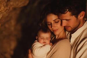 A serene moment with a holy family as mother cradles baby while father offers gentle support in warm lighting photo