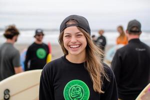 Surfer woman laughing with friends on the beach with surfboards and ocean view in the background photo