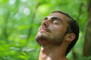 A man relaxes in a green forest while practicing mindfulness and enjoying nature on a peaceful day photo