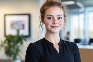 A woman in a black blouse welcomes guests in a modern office reception area with elegant decor photo