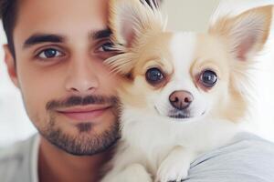 A young male veterinarian holds a Chihuahua in a clinic setting while they share a warm moment of connection photo