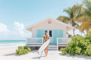 A woman walks towards a beach house holding a surfboard under a bright sky in a tropical paradise photo