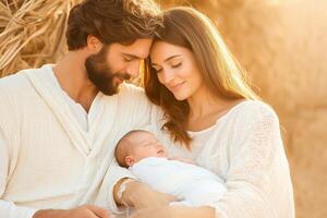 A serene moment of the holy family surrounded by golden light in a rustic setting photo