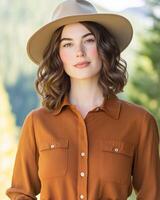 Woman exploring a sunlit forest while on a nature hike in earth-tone attire photo
