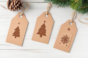Set of minimalist kraft paper holiday gift tags featuring Christmas trees and snowflakes for a rustic festive touch photo