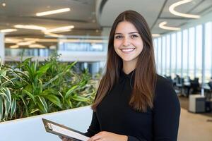 Smiling woman at corporate reception desk with clipboard in modern office photo