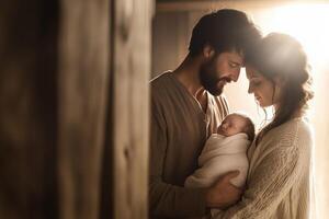 A serene moment of the holy family cradling their newborn in a rustic barn filled with gentle light photo